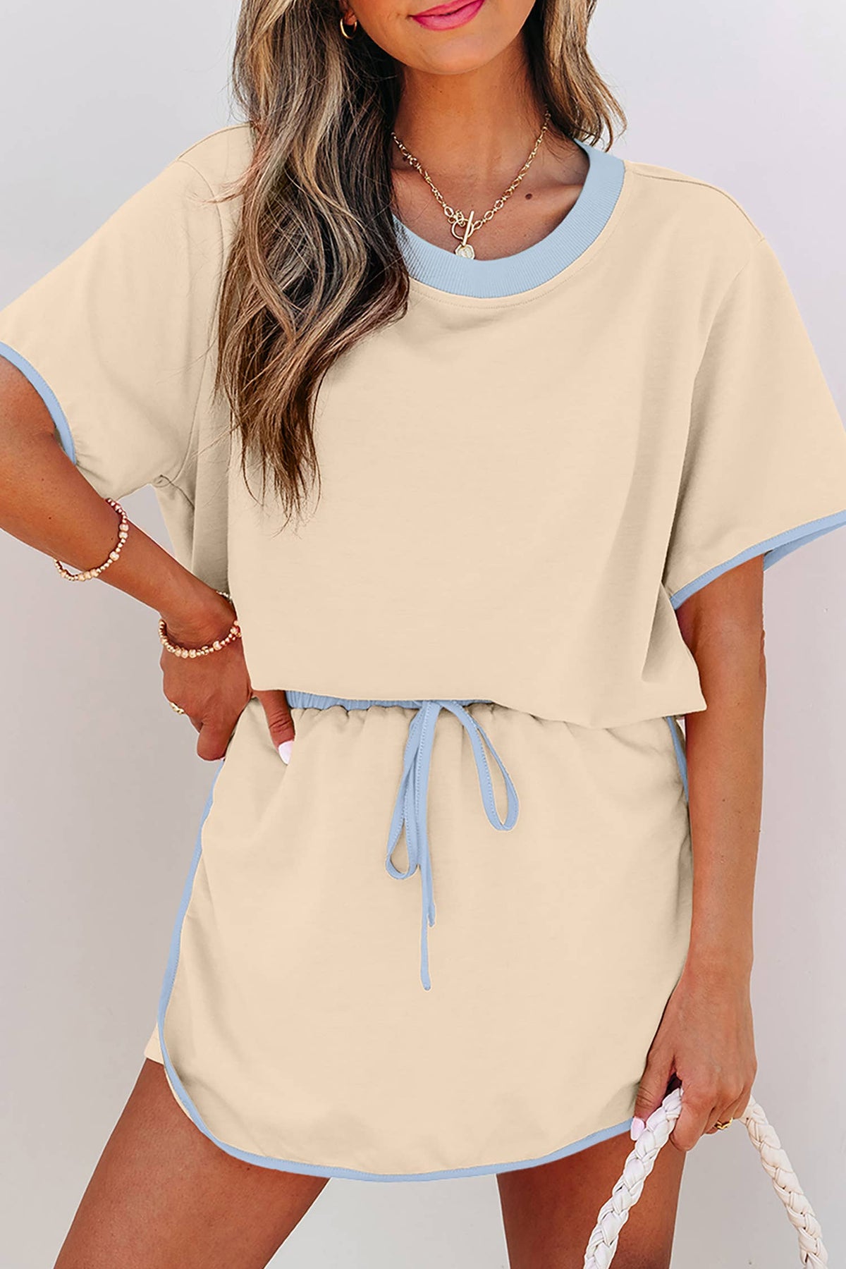 Little Daisy Closet - LDC Colorblock Edge Drop Shoulder T Shirt and Skirt 2Pcs Set: Moonlight Jade / M