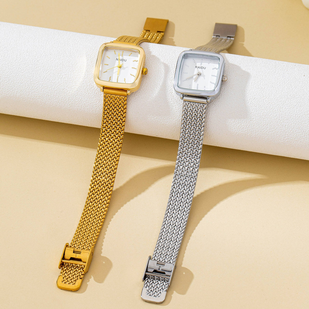 JOSSLYN by wall to wall - SQUARE FACED MESH BAND BRACELET WATCH | 80W003: Gold-White