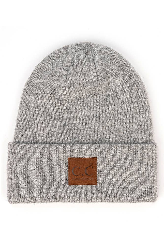 Hana - C.C Heather Knit Suede Patch Beanie Winter Hat: Moss