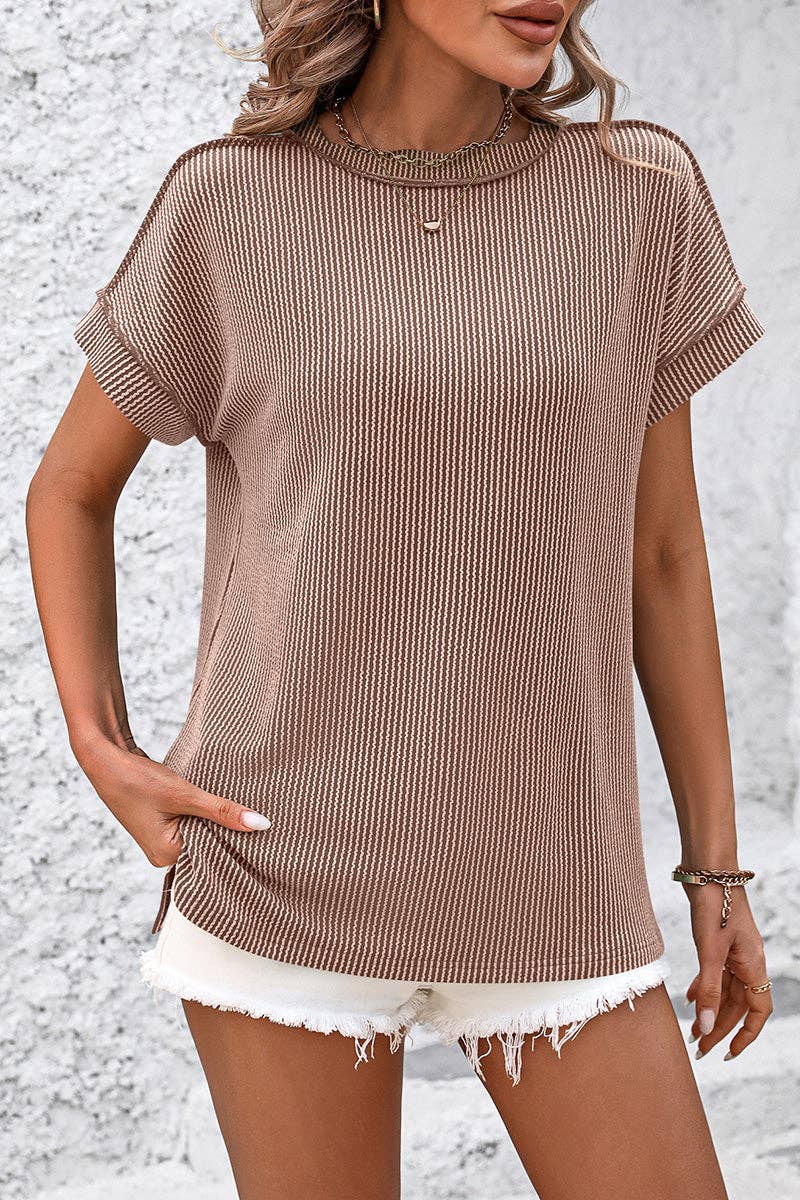 Soli Echo - Casual Short Sleeve Ribbed T-Shirt: KHAKI / XL