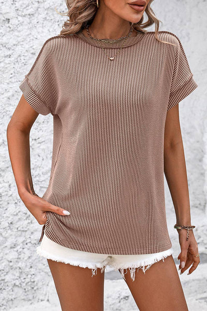 Casual Short Sleeve Ribbed T-Shirt: KHAKI