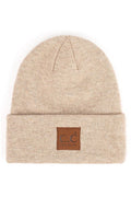 Hana - C.C Heather Knit Suede Patch Beanie Winter Hat: Beige