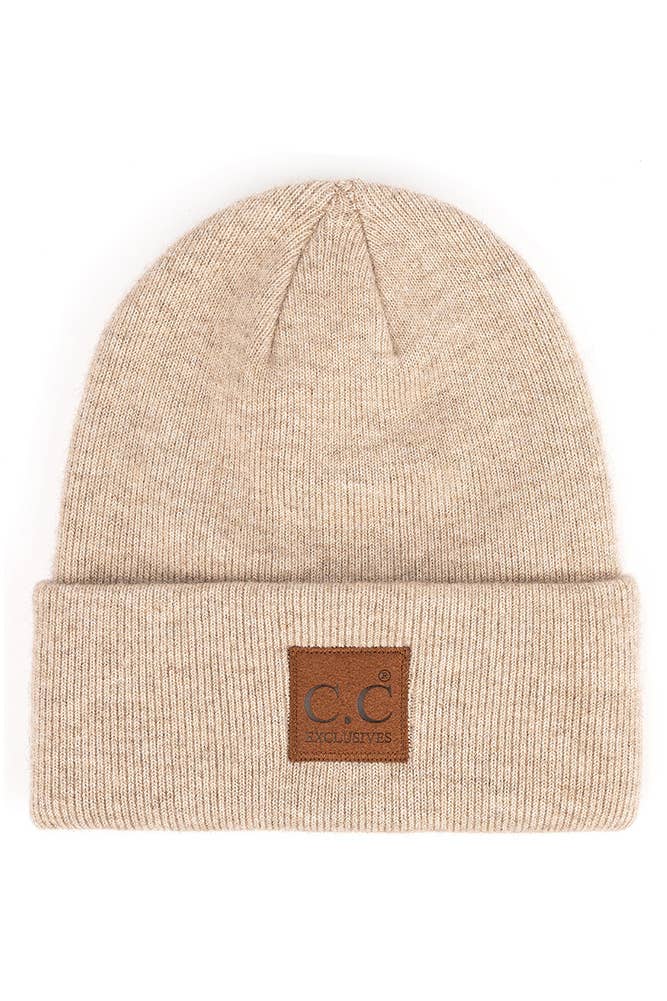 Hana - C.C Heather Knit Suede Patch Beanie Winter Hat: Moss