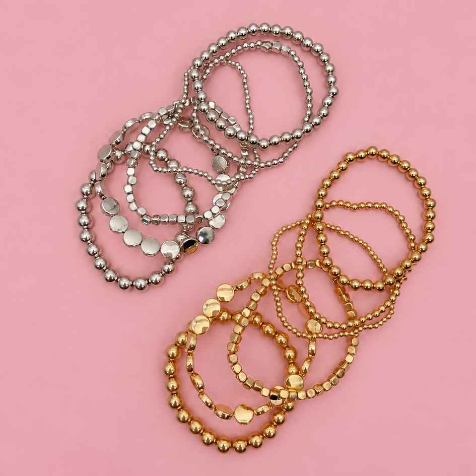 JOSSLYN by wall to wall - MULTI BALL CHAIN BEAD MIX STRETCHABLE BRACELET | 40B5129: GOLD