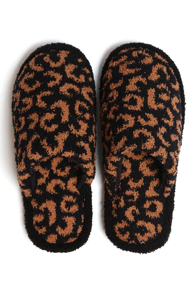 Hana - Leopard Print Fuzzy Microfiber Slipper: Coffee / SM