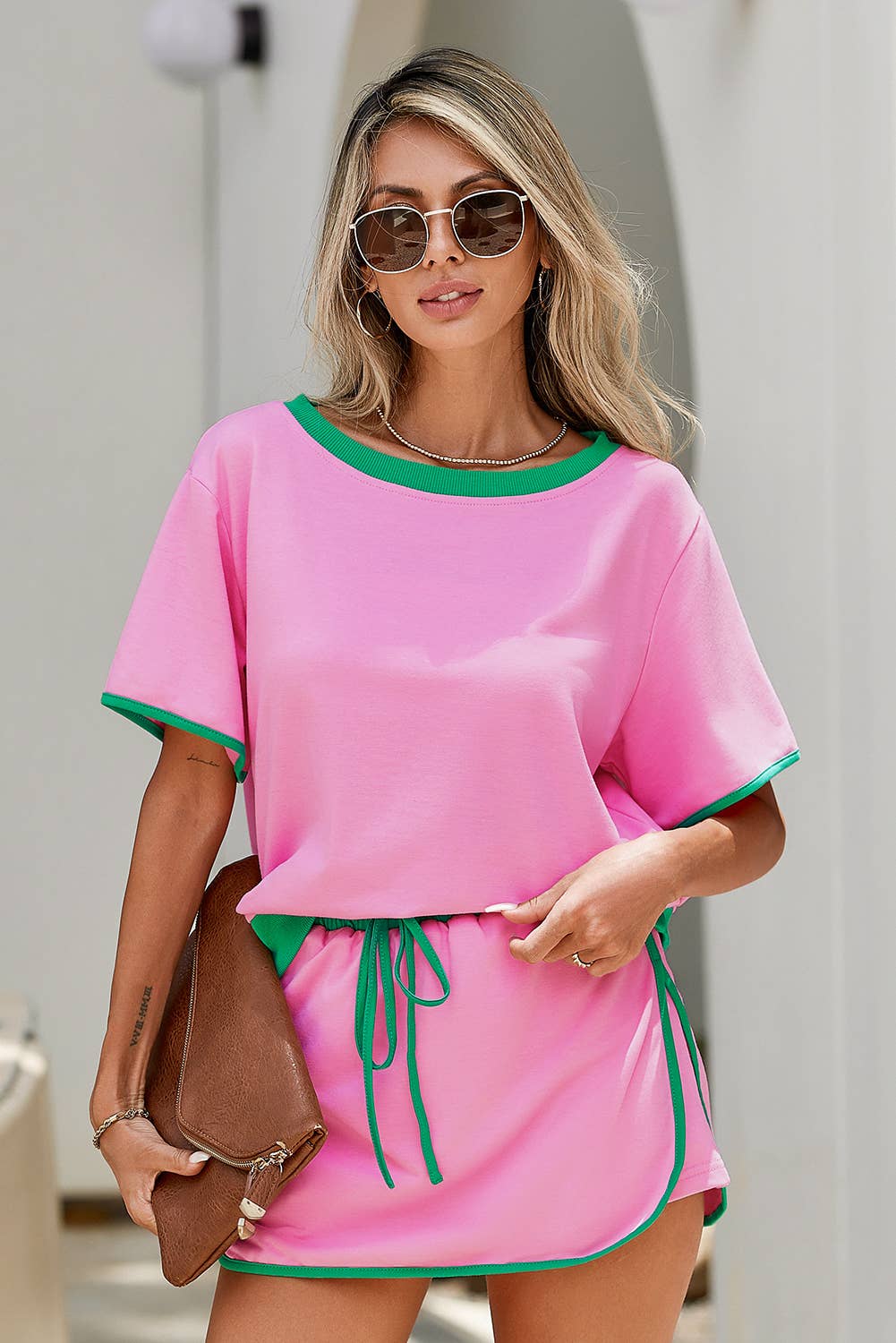 Little Daisy Closet - LDC Colorblock Edge Drop Shoulder T Shirt and Skirt 2Pcs Set: Moonlight Jade / M