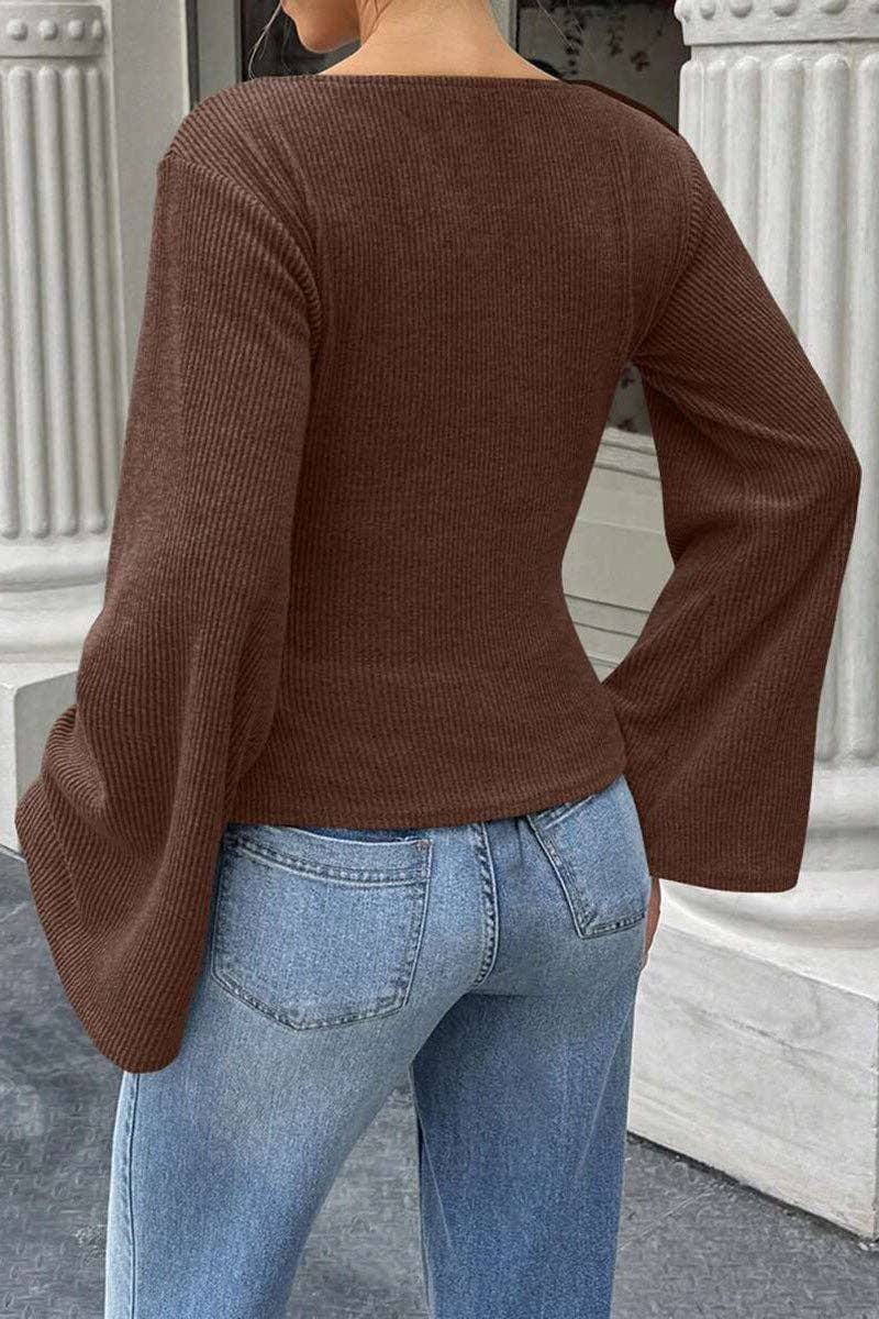 Soli Echo - Ribbed Bell Sleeve Top: OLIVE / M