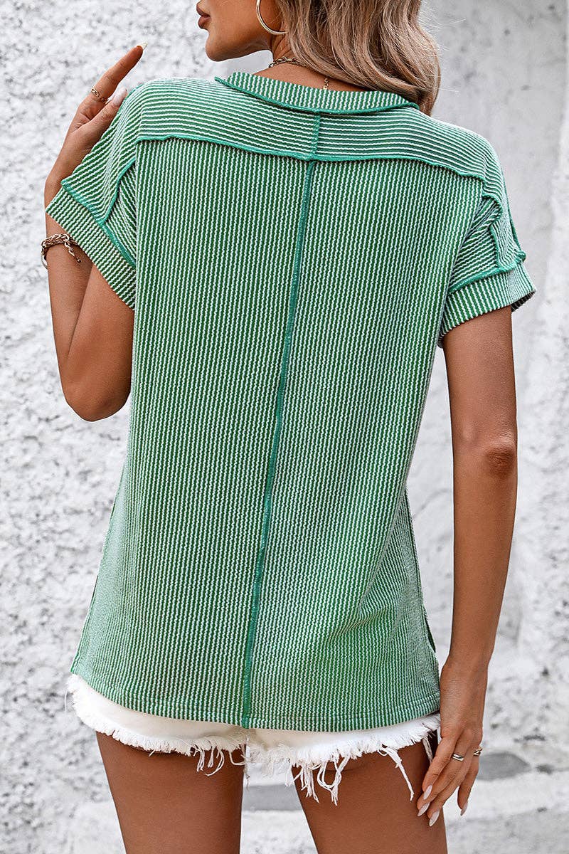 Soli Echo - Casual Short Sleeve Ribbed T-Shirt: KHAKI / XL