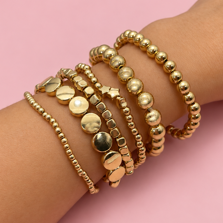 JOSSLYN by wall to wall - MULTI BALL CHAIN BEAD MIX STRETCHABLE BRACELET | 40B5129: GOLD