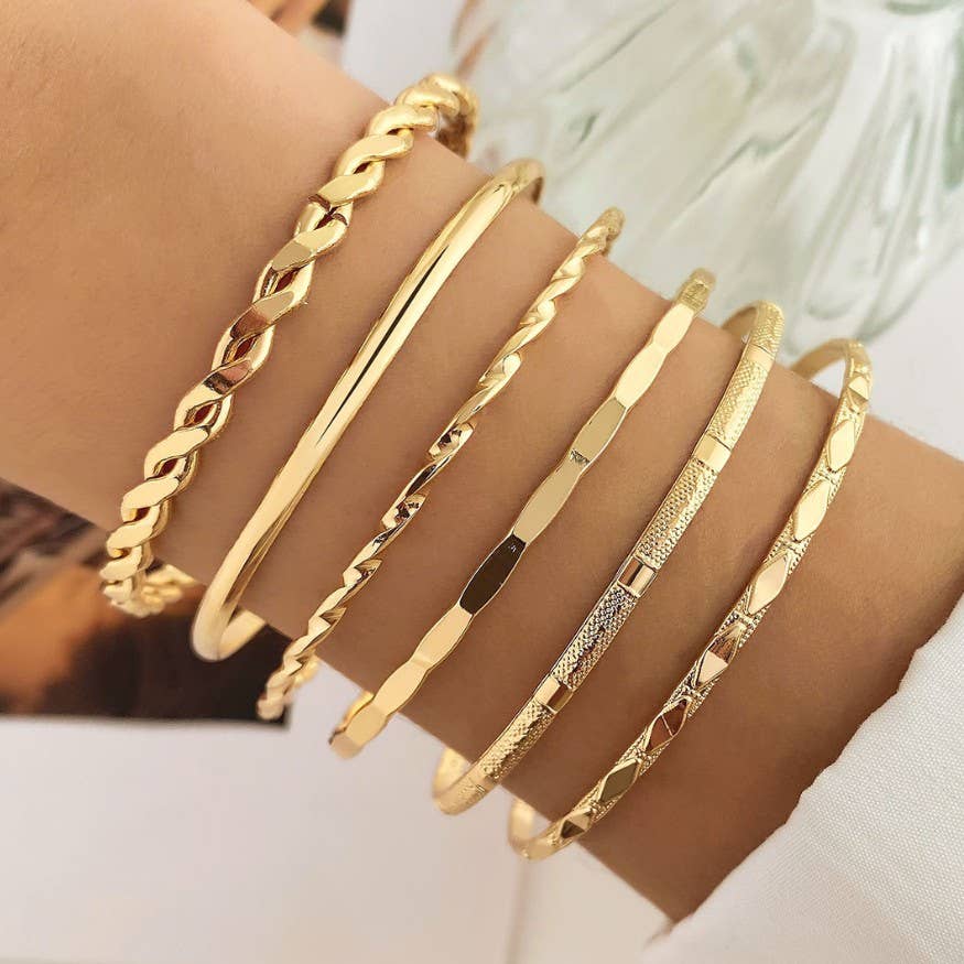 JOSSLYN by wall to wall - Gold Layered Bangle Set - Mixed Texture Stack | 40B5238: SET