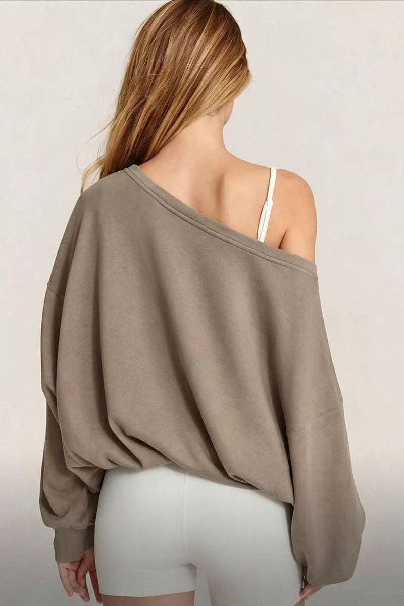 Soli Echo - One-Shoulder Ruched Tie Side Sweatshirt: WHITE / L