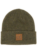 Hana - C.C Heather Knit Suede Patch Beanie Winter Hat: Moss