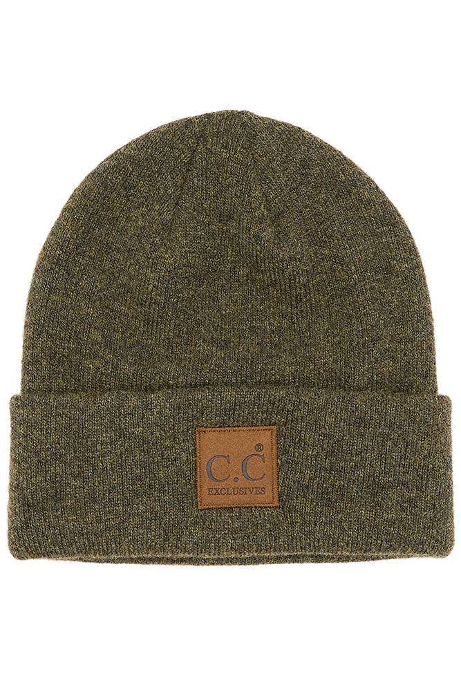 Hana - C.C Heather Knit Suede Patch Beanie Winter Hat: Moss