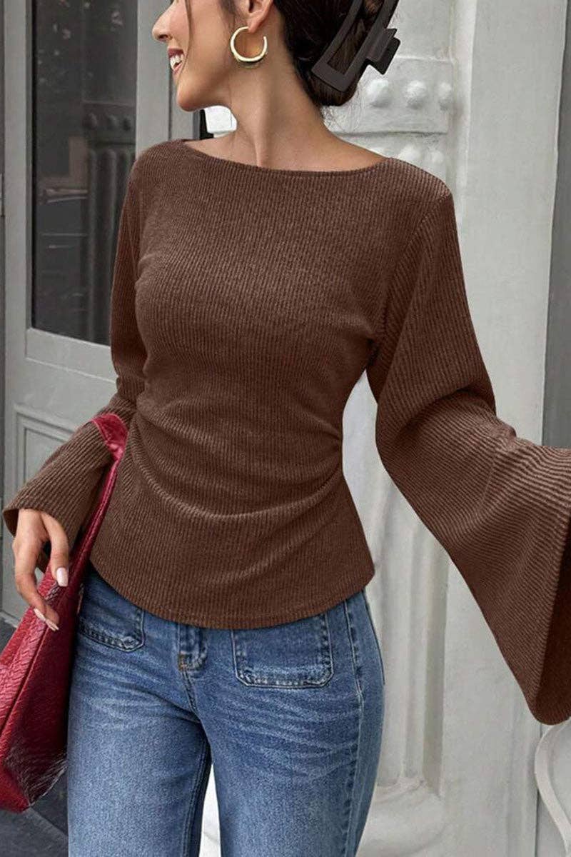 Soli Echo - Ribbed Bell Sleeve Top: OLIVE / M
