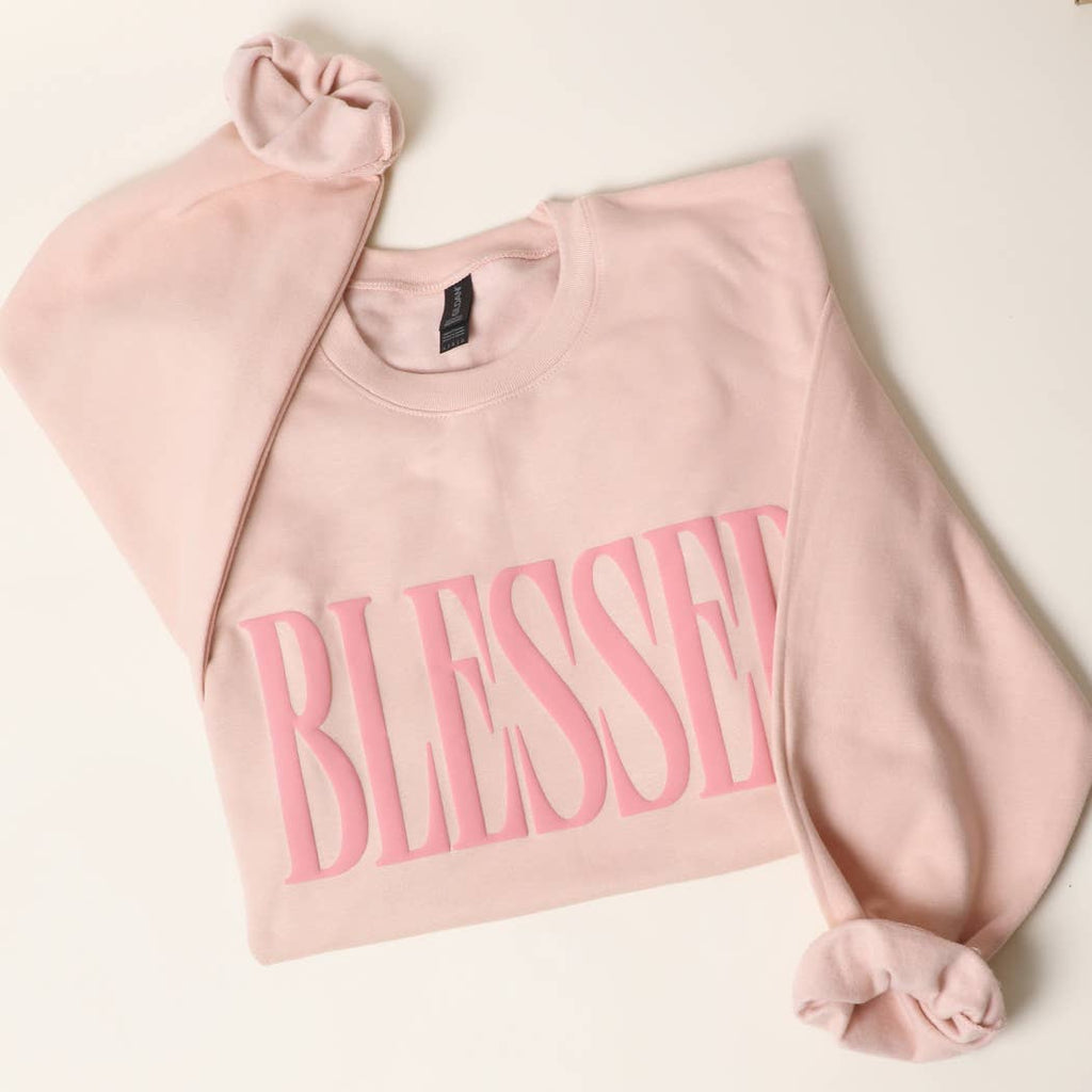 Fashion City - BLESSED PUFF Print MIDWEIGHT Sweatshirt: SAND / L