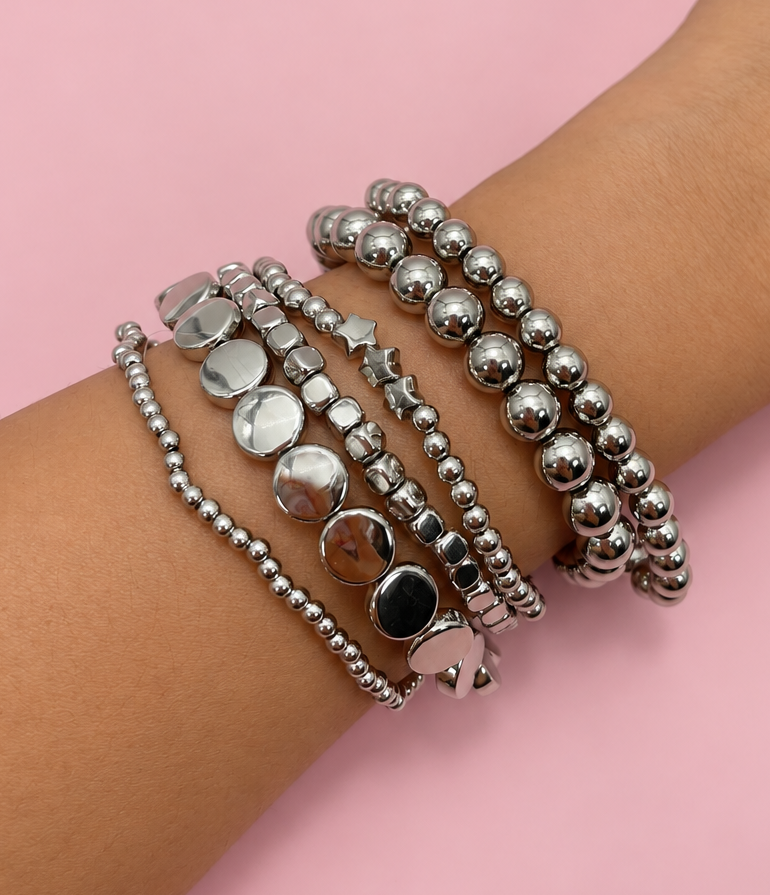 JOSSLYN by wall to wall - MULTI BALL CHAIN BEAD MIX STRETCHABLE BRACELET | 40B5129: GOLD