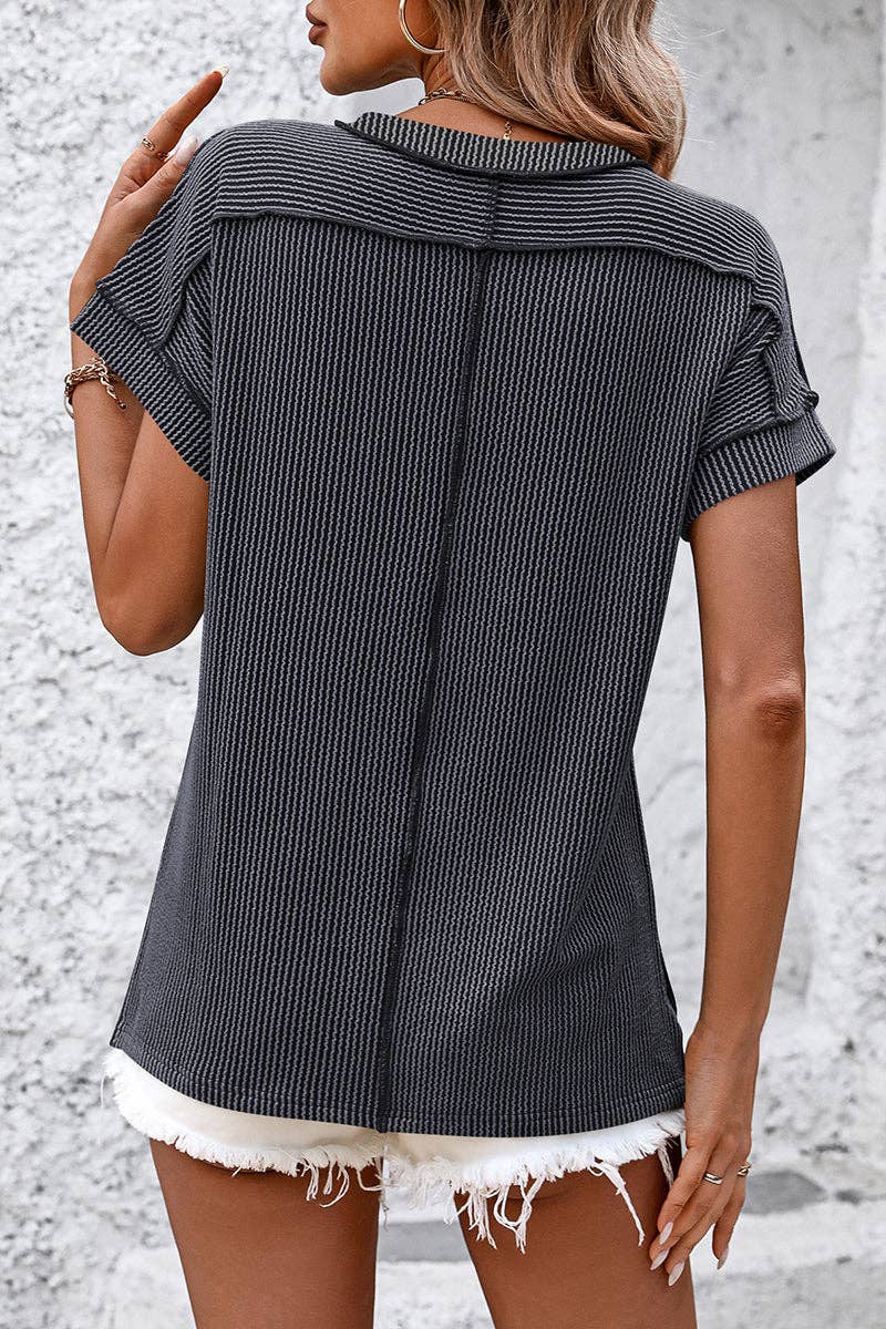 Soli Echo - Casual Short Sleeve Ribbed T-Shirt: KHAKI / XL