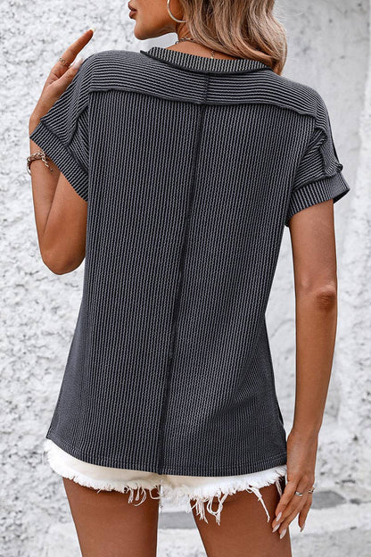 Casual Short Sleeve Ribbed T-Shirt: KHAKI