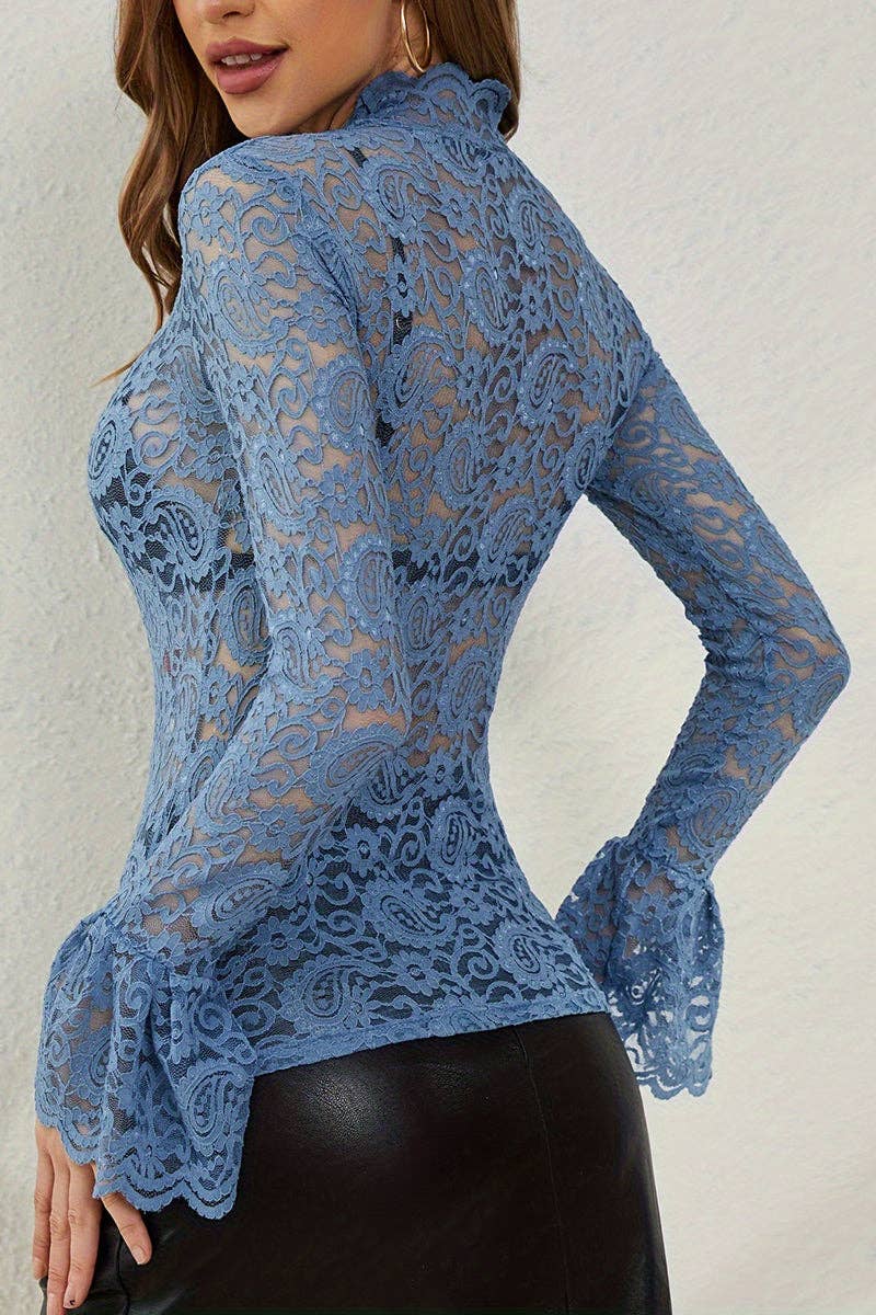 Soli Echo - Elegant Lace Long Sleeve Bodycon Top: WINE / M