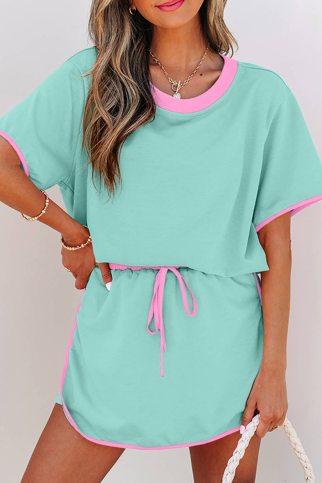 Little Daisy Closet - LDC Colorblock Edge Drop Shoulder T Shirt and Skirt 2Pcs Set: Moonlight Jade / M