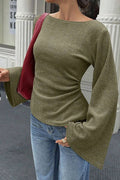 Soli Echo - Ribbed Bell Sleeve Top: OLIVE / M