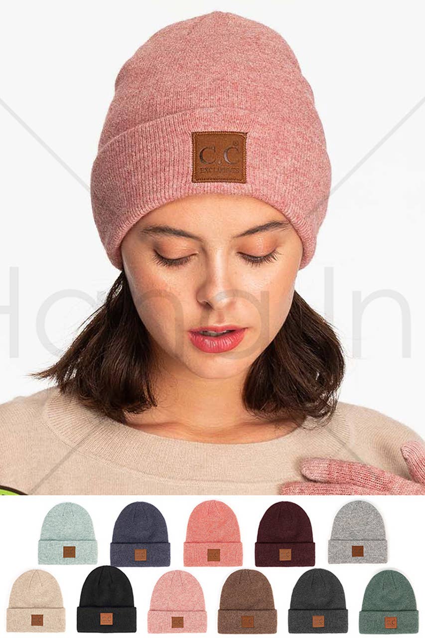 Hana - C.C Heather Knit Suede Patch Beanie Winter Hat: Moss
