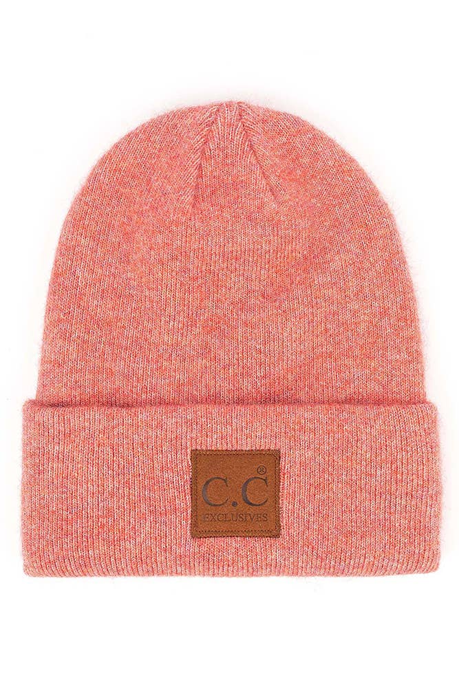 Hana - C.C Heather Knit Suede Patch Beanie Winter Hat: Charcoal