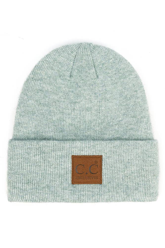 Hana - C.C Heather Knit Suede Patch Beanie Winter Hat: Charcoal
