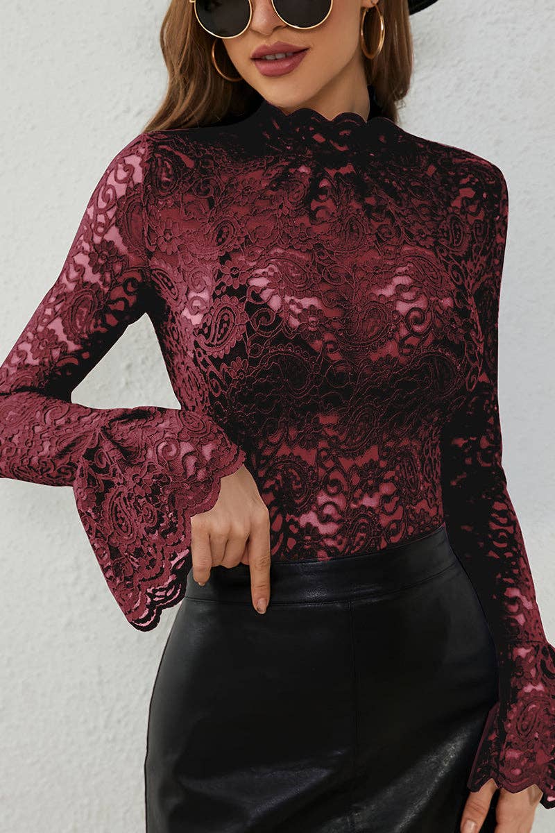 Soli Echo - Elegant Lace Long Sleeve Bodycon Top: WINE / M