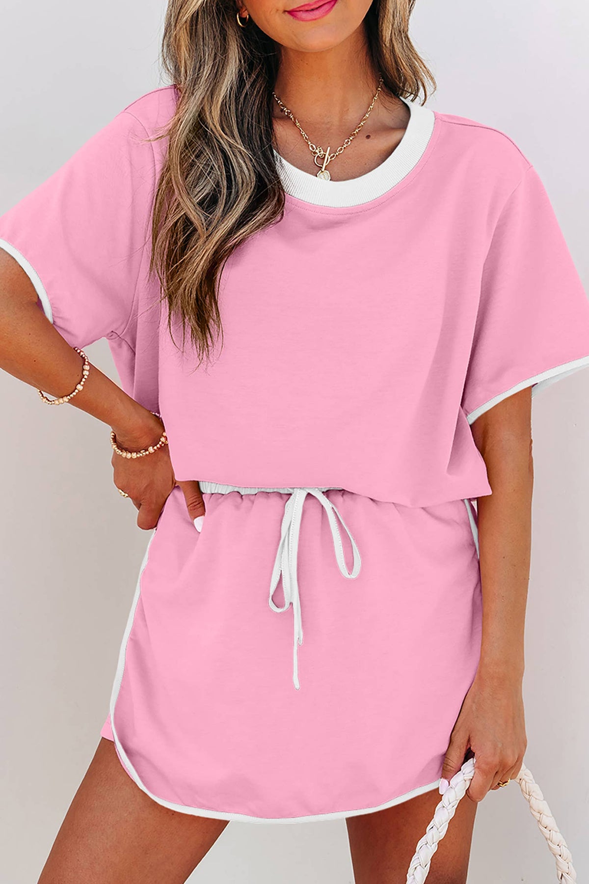 Little Daisy Closet - LDC Colorblock Edge Drop Shoulder T Shirt and Skirt 2Pcs Set: Moonlight Jade / M