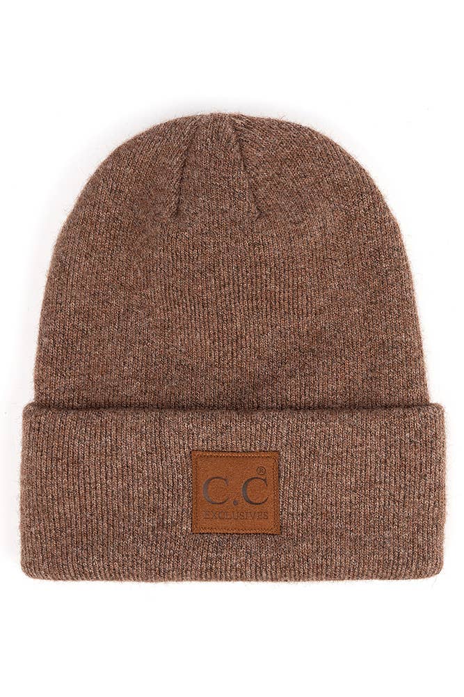 Hana - C.C Heather Knit Suede Patch Beanie Winter Hat: Moss
