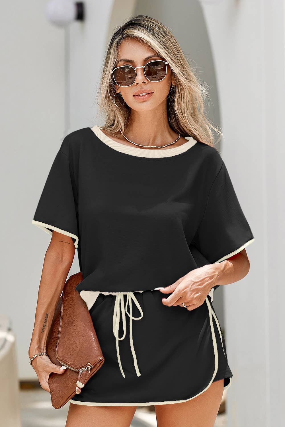 Little Daisy Closet - LDC Colorblock Edge Drop Shoulder T Shirt and Skirt 2Pcs Set: Moonlight Jade / M