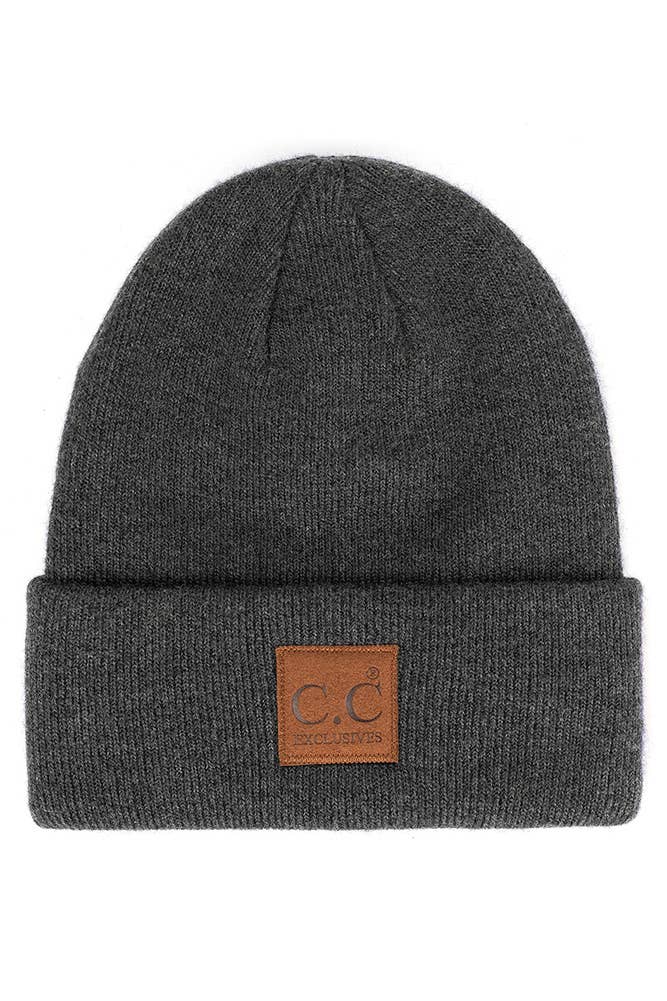 Hana - C.C Heather Knit Suede Patch Beanie Winter Hat: Moss