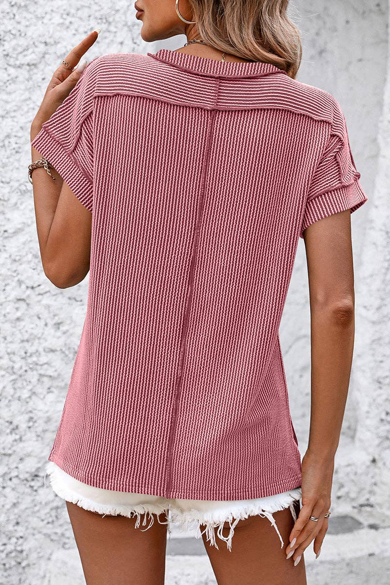 Soli Echo - Casual Short Sleeve Ribbed T-Shirt: KHAKI / XL