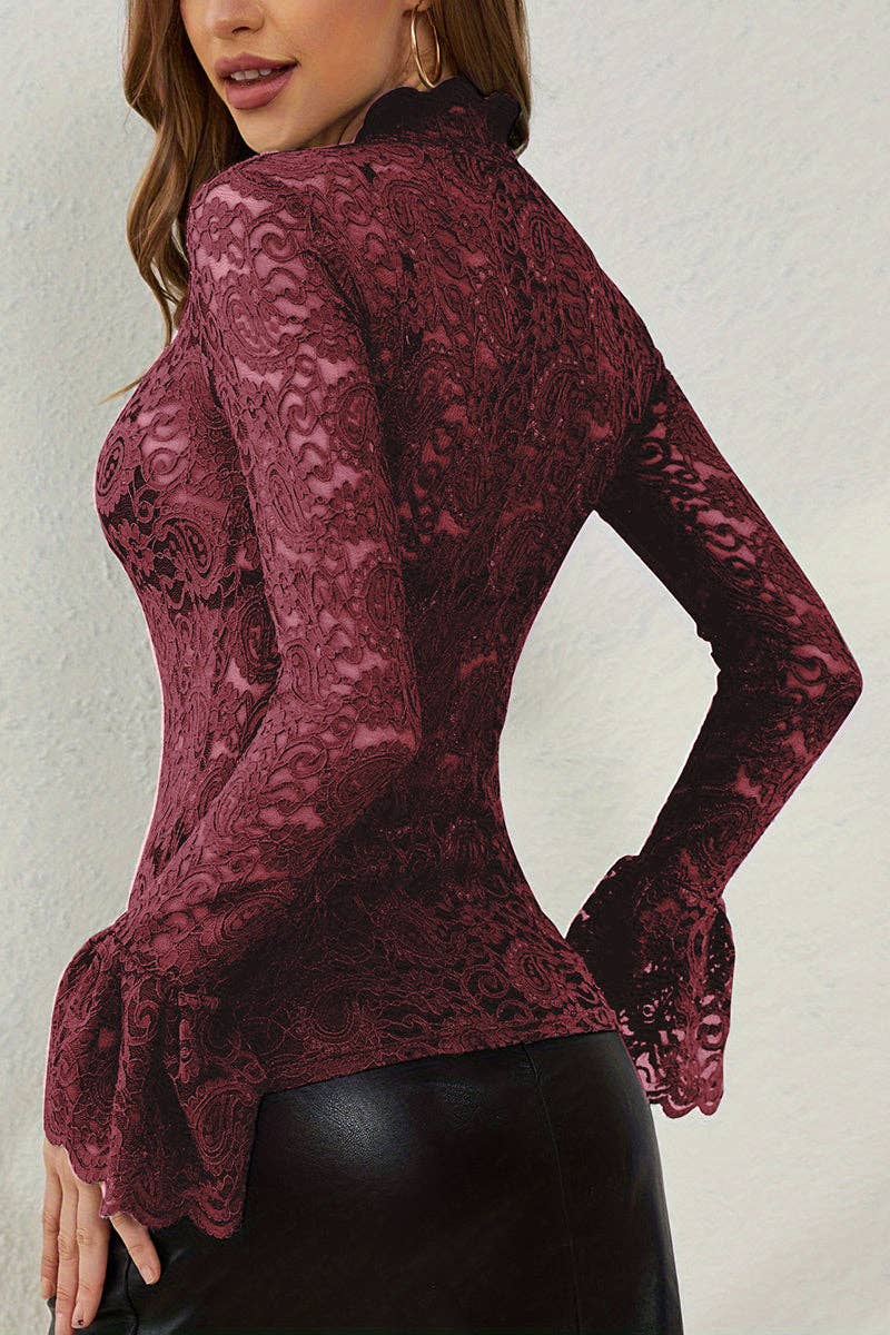 Soli Echo - Elegant Lace Long Sleeve Bodycon Top: WINE / M
