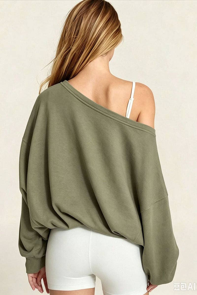 Soli Echo - One-Shoulder Ruched Tie Side Sweatshirt: OLIVE / S