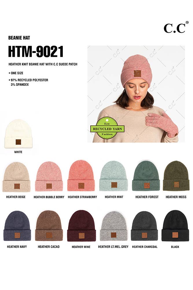 Hana - C.C Heather Knit Suede Patch Beanie Winter Hat: Beige