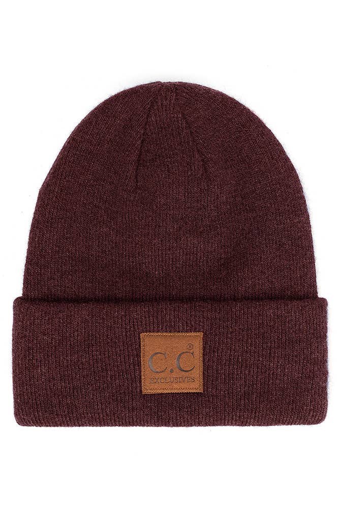 Hana - C.C Heather Knit Suede Patch Beanie Winter Hat: Beige