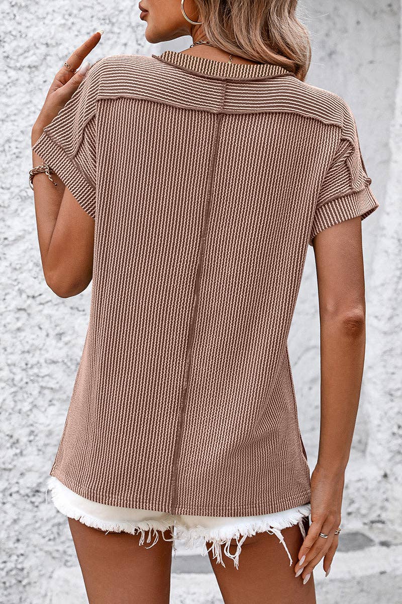 Soli Echo - Casual Short Sleeve Ribbed T-Shirt: KHAKI / XL