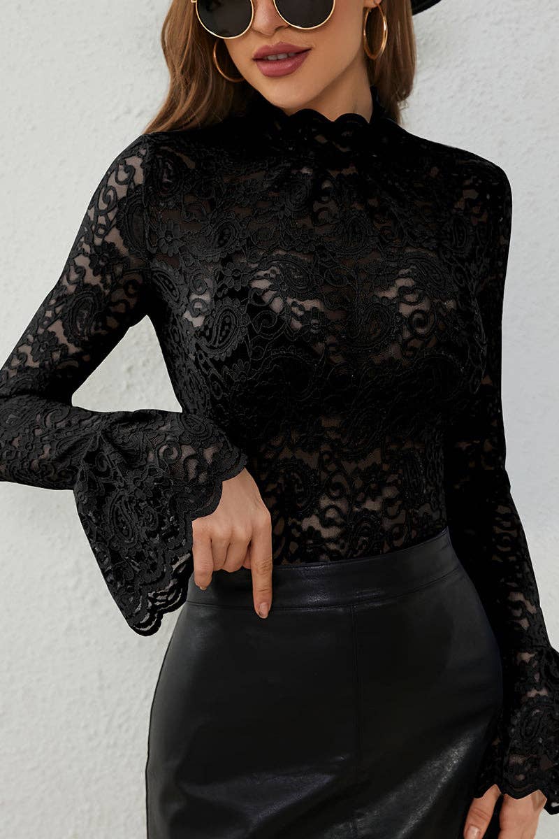 Soli Echo - Elegant Lace Long Sleeve Bodycon Top: WINE / M