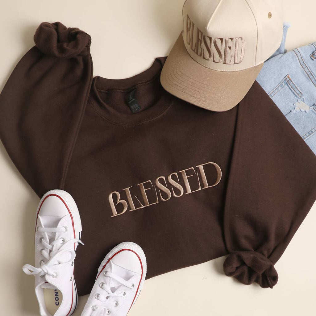 Fashion City - BLESSED Embroidered Fleece Heavyweight Sweatshirt: BLACK / M