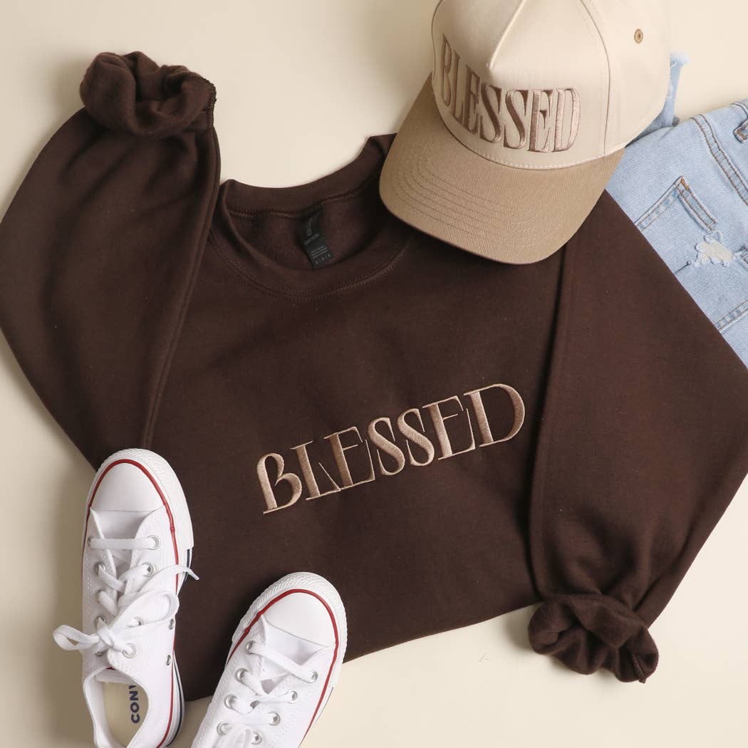 Fashion City - BLESSED Embroidered Fleece Heavyweight Sweatshirt: BLACK / M