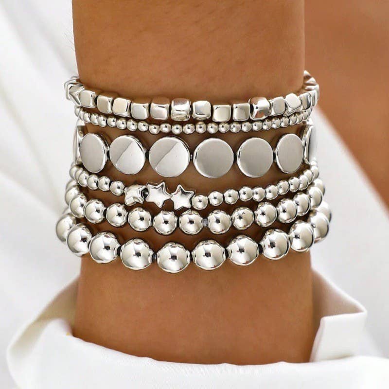 JOSSLYN by wall to wall - MULTI BALL CHAIN BEAD MIX STRETCHABLE BRACELET | 40B5129: GOLD