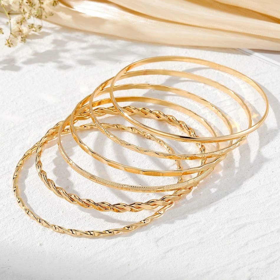 JOSSLYN by wall to wall - Gold Layered Bangle Set - Mixed Texture Stack | 40B5238: SET