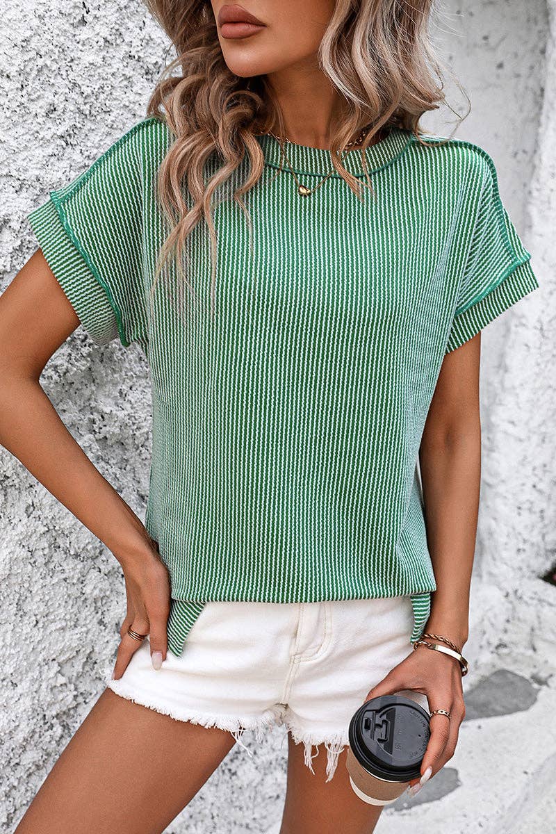Soli Echo - Casual Short Sleeve Ribbed T-Shirt: KHAKI / XL