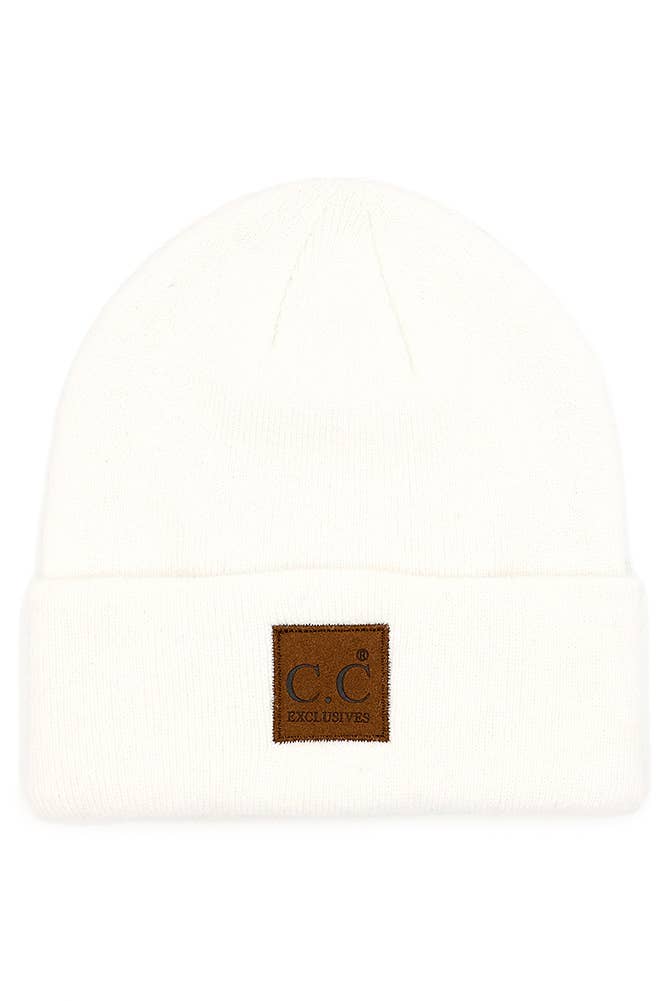 Hana - C.C Heather Knit Suede Patch Beanie Winter Hat: Moss