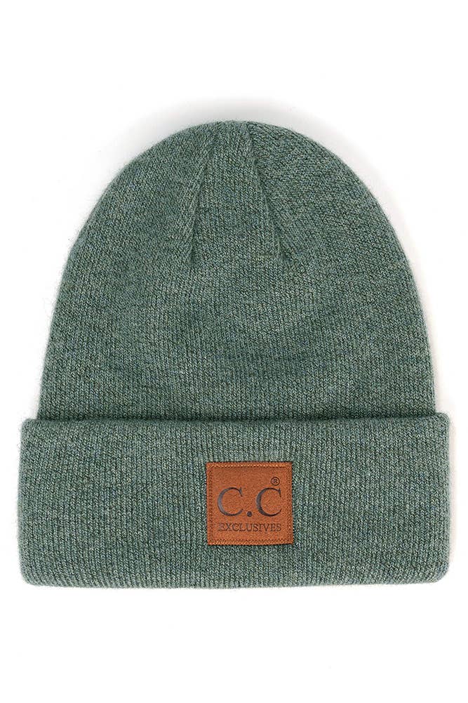 Hana - C.C Heather Knit Suede Patch Beanie Winter Hat: Moss