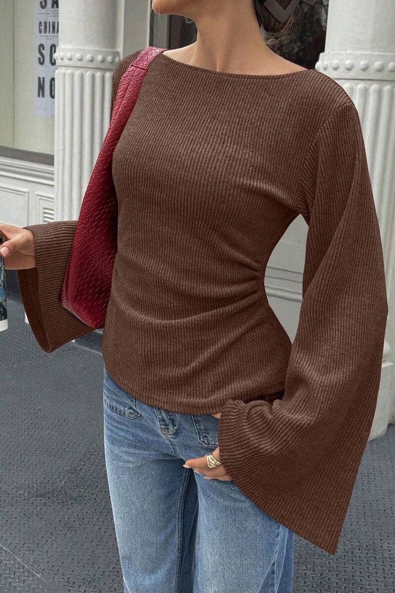 Soli Echo - Ribbed Bell Sleeve Top: OLIVE / M