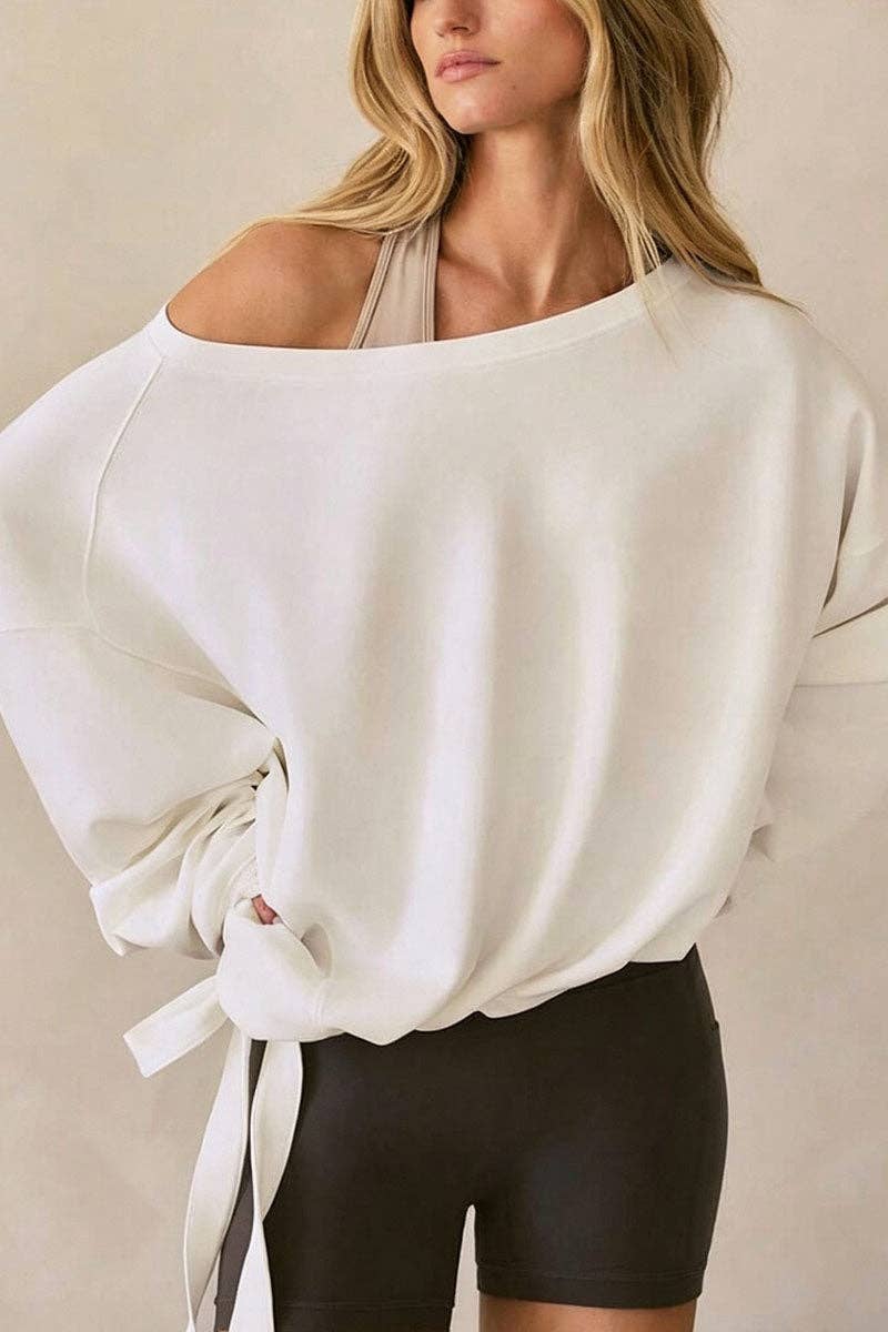 Soli Echo - One-Shoulder Ruched Tie Side Sweatshirt: OLIVE / S