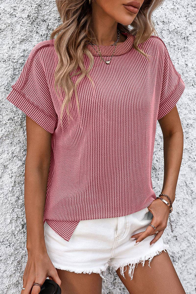 Soli Echo - Casual Short Sleeve Ribbed T-Shirt: KHAKI / XL